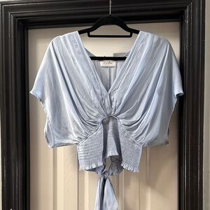 Elegant Light Blue Ruched Blouse